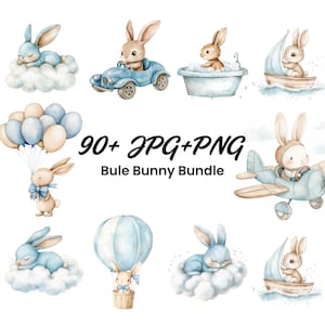 Clipart Lapin bleu | Plus de 90 fichiers JPG | Fabrication de cartes | Artisanat numérique en papier | Aquarelle | Illustrations de lapin mignon pour enfants, chambre de bébé