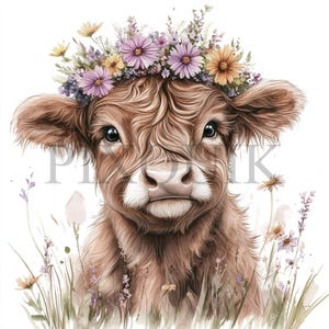 Clipart Floral de Vaca Bebê | 10 Arquivos JPG e PNG | Criação de Cartões | Artesanato em Papel Digital | Arte em Aquarela | Animal de Fazenda Fofo, Vaca Bebê Peônia