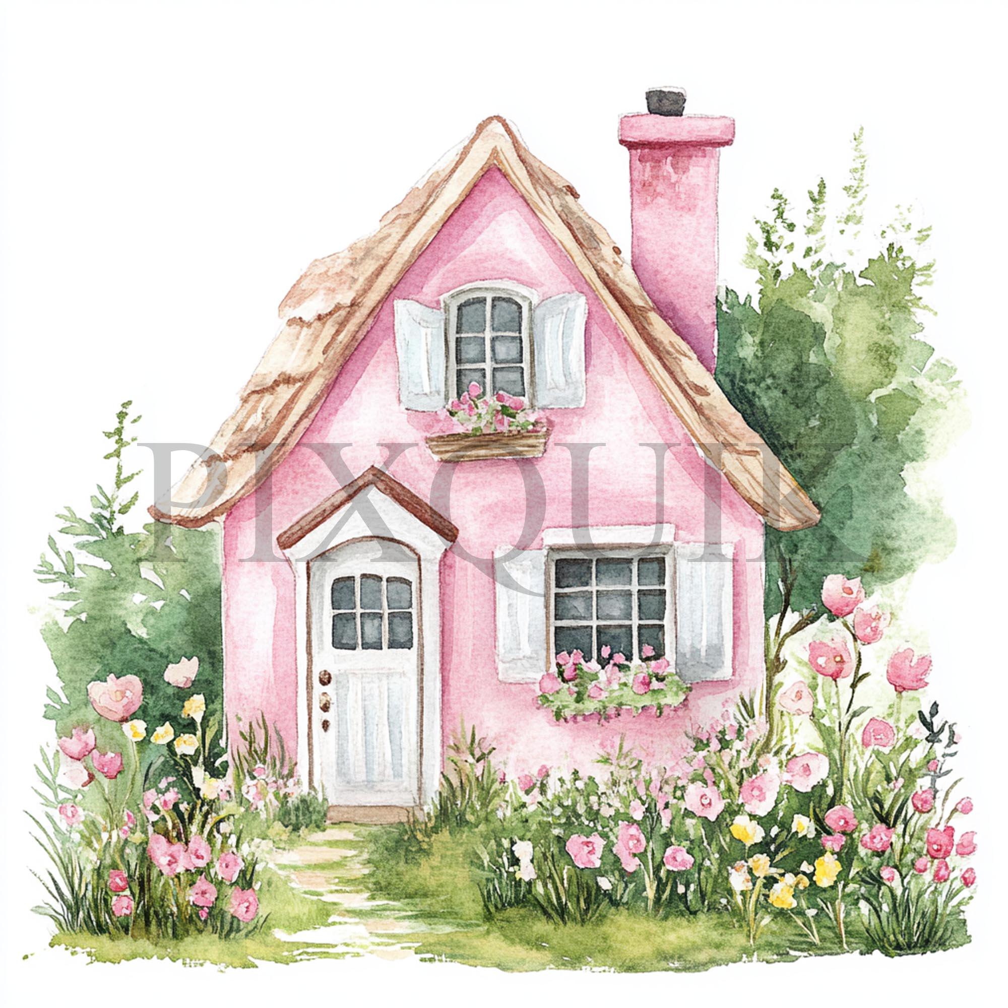 Pink Country Cottage Clipart: Vintage Watercolor Art (digital Download ...