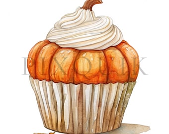Clipart acquerello di cupcake alla zucca / Dolci autunnali, creazione di biglietti (download digitale)