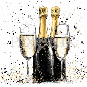 Bottiglie di champagne 2025 toni neri e oro / Clip art di Capodanno / Clipart per feste / Design per feste / Scrapbooking / Download digitale