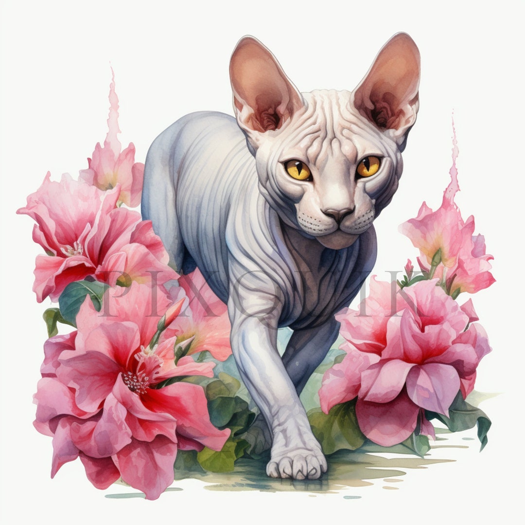 Sphynx Cat Floral Illustration | High-quality Jpgs (digital Download ...