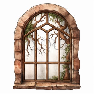 Könnte beinhalten: Ein Steinbogenfenster mit einem Holzrahmen und Blick auf einen Baum mit kahlen Ästen und grünen Blättern. Das Fenster ist in neun Scheiben unterteilt.