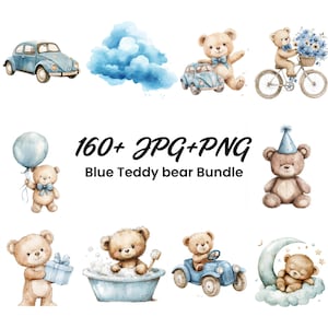 Lot de cliparts bleus ours en peluche | Plus de 160 fichiers JPG ET PNG | Fabrication de cartes | Artisanat numérique en papier | Aquarelle | Ours en peluche bleu