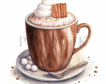 Clipart di cioccolata calda ad acquerello / Tazza, cacao, panna montata (download digitale)