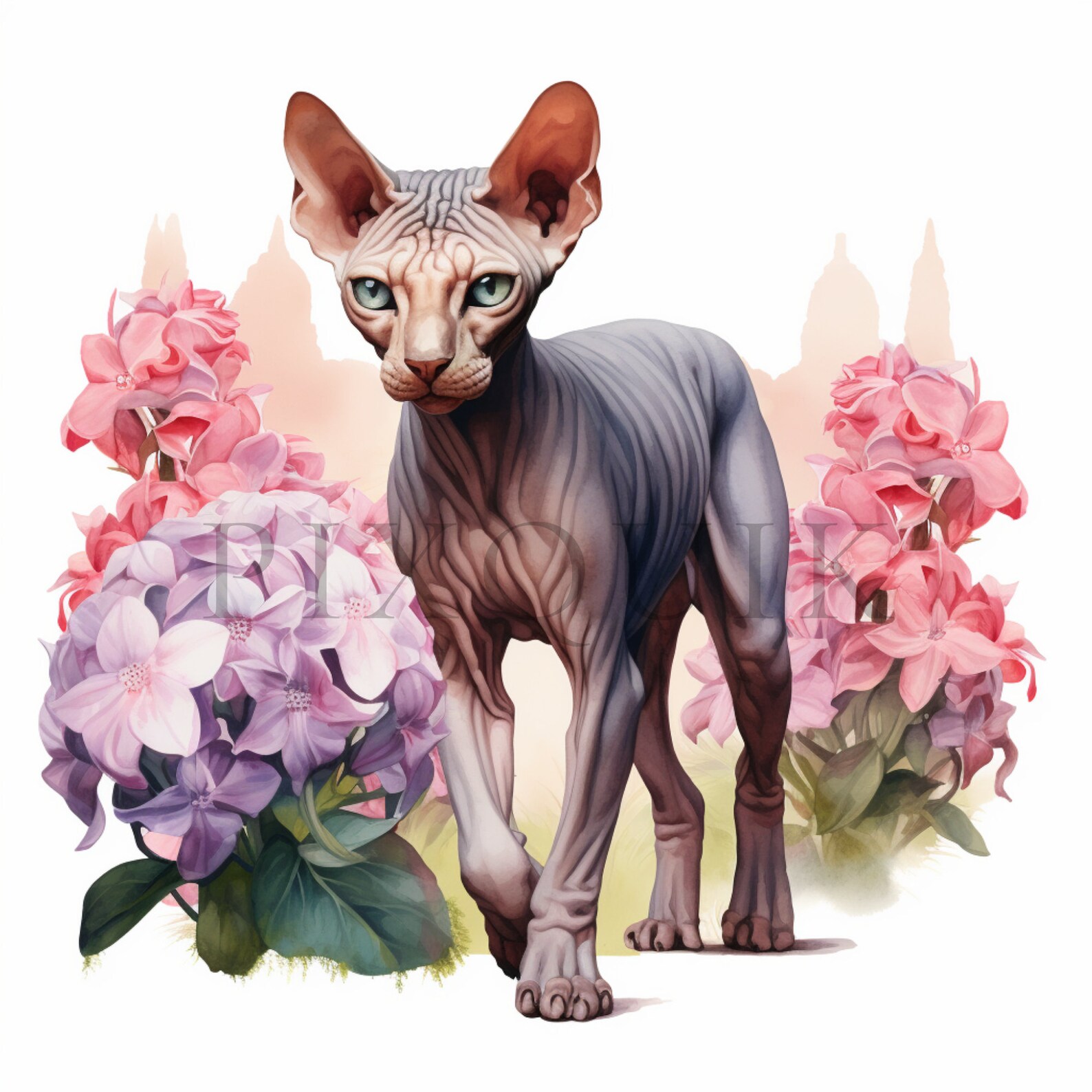 Sphynx Cat Floral Illustration | High-quality Jpgs (digital Download ...