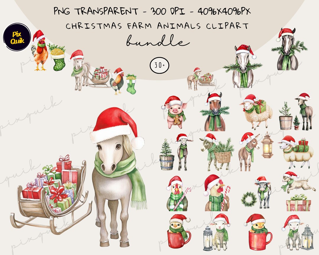 Christmas Farm Animals Clipart Bundle PNG, Donkey Sheep Pig Dog Gifts ...