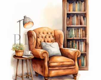 Cozy Reading Nook Clipart | Bookshelf, Armchair (Digital Download)