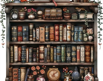 Watercolor Bookshelf Clipart: Floral Books, 10 JPGs (Digital Download)