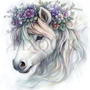 Pferd mit Wildblumen Clipart | 10 JPG-Dateien und PNG | Kartengestaltung | Digitale Papiermodelle | Aquarell Kunst | Süßes Bauernhof Tier