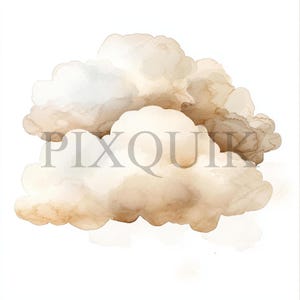 Può includere: Un dipinto ad acquerello di una nuvola bianca e soffice con bordi marroni. La nuvola è dipinta in uno stile morbido e sognante, e sembra fluttuare nel cielo.