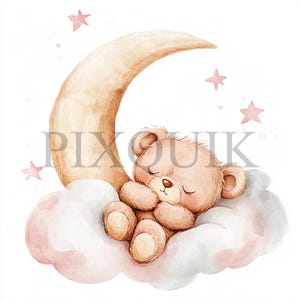 Sleeping Teddy Bear  Clipart | 10 JPG's and PNG Files | Card Making | Digital Paper Crafts | Watercolor Art | Boho Style, Light Brown AND