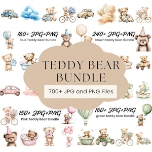 Ours en peluche Clipart Bundle | Plus de 700 fichiers JPG et PNG | Chambre de bébé bohème neutre | Aquarelle | Conception de baby shower, montgolfière ours