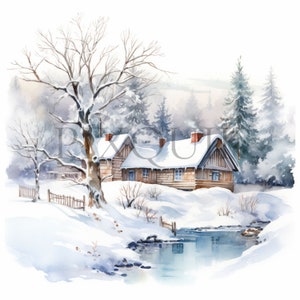 Clipart invernale ad acquerello / 10 JPG di alta qualità / Download digitale / Cottage invernale / Paesaggio invernale / Download immediato /