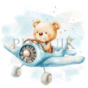 Orsetto con aeroplano Clipart / 10 file JPG e PNG / Creazione di biglietti / Artigianato di carta digitale / Arte ad acquerello / Stile Boho, orso blu