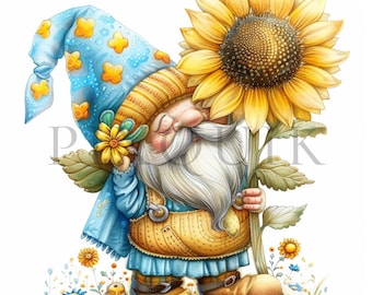 Op de afbeelding: Een kabouter met een blauwe en gele hoed en een witte baard houdt een grote gele zonnebloem vast. De kabouter draagt een blauwe en gele outfit en heeft een vriendelijke uitdrukking.