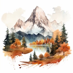 Clipart de acuarela de montaña otoñal: Paisajes otoñales en formato JPG (descarga digital)