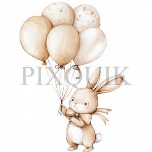 Coniglietto con palloncino Clipart / 10 file JPG e PNG / Creazione di biglietti / Artigianato di carta digitale / Arte ad acquerello / Design di palloncino marrone, palloncino