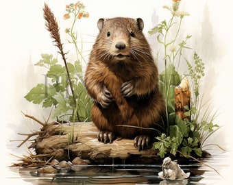 ビーバーの水彩画クリップアート | 森の動物のデジタルダウンロード