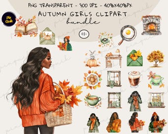 Autumn Girls Clipart Bundle PNG, Cozy Women Leaves Coffee Home Decor Fall Lifestyle Graphics Set