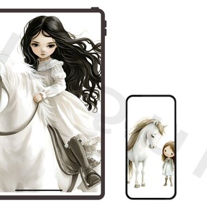 Girl with Horse Clipart, Digital Horse and Rider Art, Country Girl Illustration, White Horse Clipart, Equestrian Digital PNG, Kid’s Horse Ar