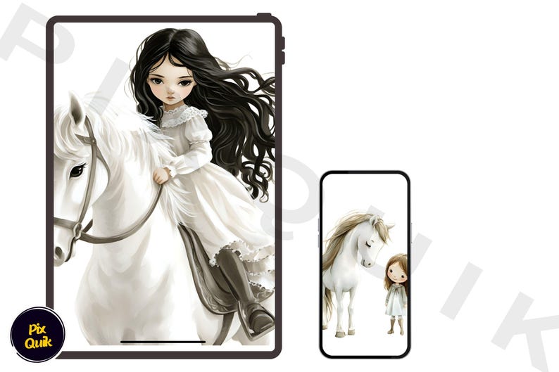 Girl with Horse Clipart, Digital Horse and Rider Art, Country Girl Illustration, White Horse Clipart, Equestrian Digital PNG, Kid’s Horse Ar
