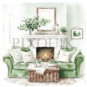 Cottage salon cheminée des cliparts | 10 fichiers JPG et PNG | Fabrication de cartes | Artisanat numérique en papier | Aquarelle | Scène de chalet confortable