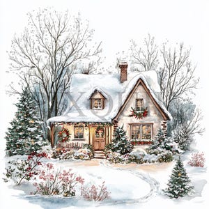 Clipart festivo de casa de campo | 10 JPGs de alta qualidade | Ilustração de casa de campo de Natal | Arte Cottagecore de férias | Decoração em aquarela