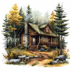 Cabin in Woods Clipart / 10 JPG di alta qualità / Illustrazioni di cabine nella foresta / Arte della natura / Album di ritagli, stampabile, uso commerciale