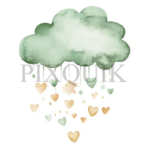 Wolk regent sterren en harten Clipart | 10 jpg-bestanden en png-bestanden | Kaarten maken | Digitale papierkunst | Aquarelkunst | Bohostijl, groen