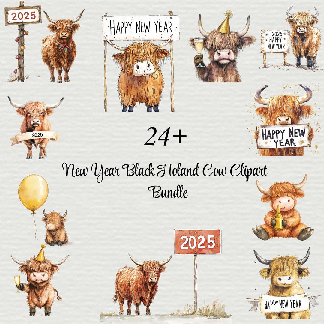 New Year Highland Cow Clipart Bundle | 2025 PNG (digital Download) - Etsy
