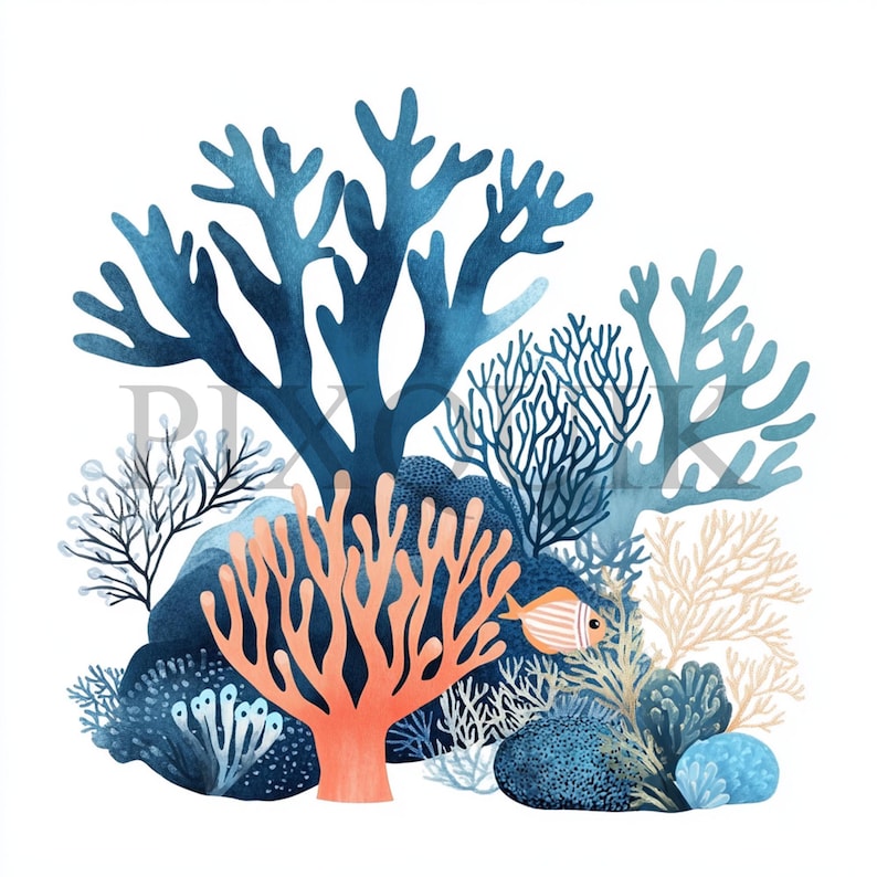 a painting of corals and seaweed on a white background
