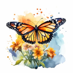 Watercolor Monarch Butterfly Clipart: Floral JPG Images (Digital Download)