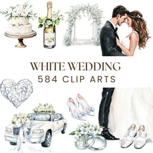 May include: White wedding clip art set featuring a bride and groom, a wedding cake, a bottle of champagne, a wedding car, a heart, wedding rings, and a floral archway.