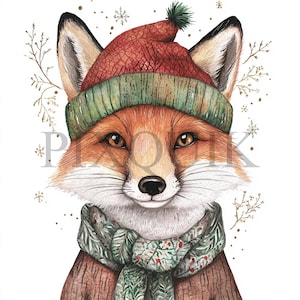 Kerstvos-clipart | 10 JPG- en PNG-bestanden | Kaarten maken | Digitale papierkunst | Aquarelkunst | Leuk vakantiedier, feestelijke vos