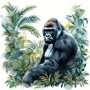 Clipart di gorilla ad acquerello / 10 JPG di qualità / Download digitale istantaneo / Tecnica mista / Clipart di animali / Clipart ad acquerello / Animali della giungla