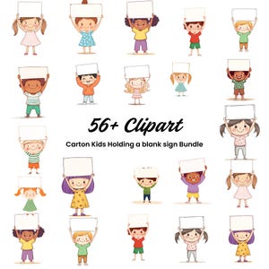 Crianças de desenho animado segurando um cartaz em branco Clipart | 56 arquivos de clipart | Criação de cartões | Artesanato em papel digital | Design divertido para o feriado