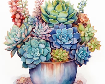 May include: A watercolor painting of a variety of succulents in a blue ceramic pot. The succulents are arranged in a circular pattern and are in shades of green, blue, and purple.