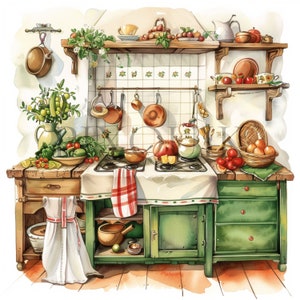 Watercolor Country Kitchen Clipart |  10 High Quality JPG | Rustic Vintage cottage Clipart | Digital Paper | Junk Journal, Commercial Use