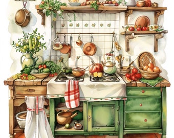 Watercolor Kitchen Clipart | Rustic Cottage, Vintage Style (JPG Digital Download)