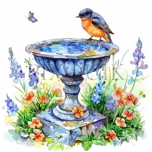 May include: A blue and orange bird perches on the rim of a blue stone birdbath. The birdbath is surrounded by a variety of colorful flowers, including purple, pink, and orange.