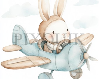 Bunny Airplane Clipart: Watercolor Boho Art (JPG & PNG Files)