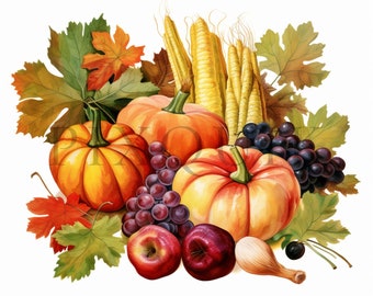 Herfstoogst Clipart | Pompoen, maïs, druiven (digitale download)