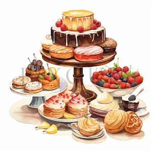 Gebakclipart | 10 JPG's van hoge kwaliteit | Digitale download | Paking-clipart | toetje | snoep | gebak aquarel | Digitale download