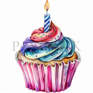 Clipart cupcake di compleanno 1 / 10 JPG di alta qualità / Download digitale / Creazione di biglietti / Clipart cupcake / Cupcake di compleanno, Cupcake acquerellati