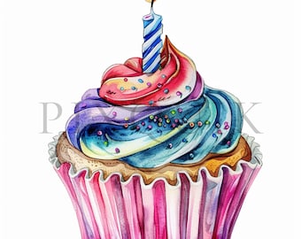Watercolor Birthday Cupcake Clipart | Colorful JPGs (Digital Download)