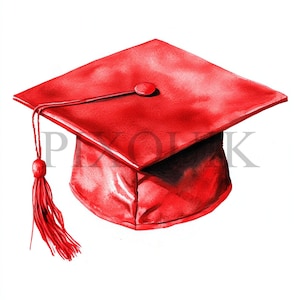 May include: A red graduation cap with a square top and a tassel hanging from the side. The cap is a watercolor illustration, with a button on top and a tassel hanging from the side.