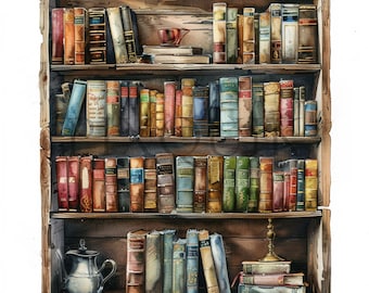 Watercolor Bookshelf Clipart | Library Books JPG Set (Digital Download)