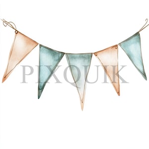 Könnte beinhalten: Eine Girlande aus aquarellierten dreieckigen Flaggen in abwechselnden Farben von Pfirsich und Türkis.