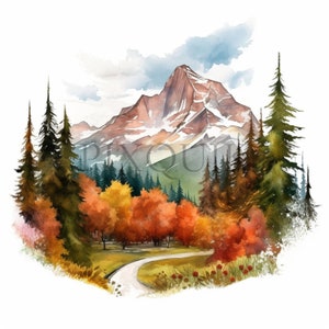Watercolor Autumn Mountain Clipart | 10 High-quality JPG&#39;s | landscape clipart | Fall Mountain |  Digital Download | Instant clipart
